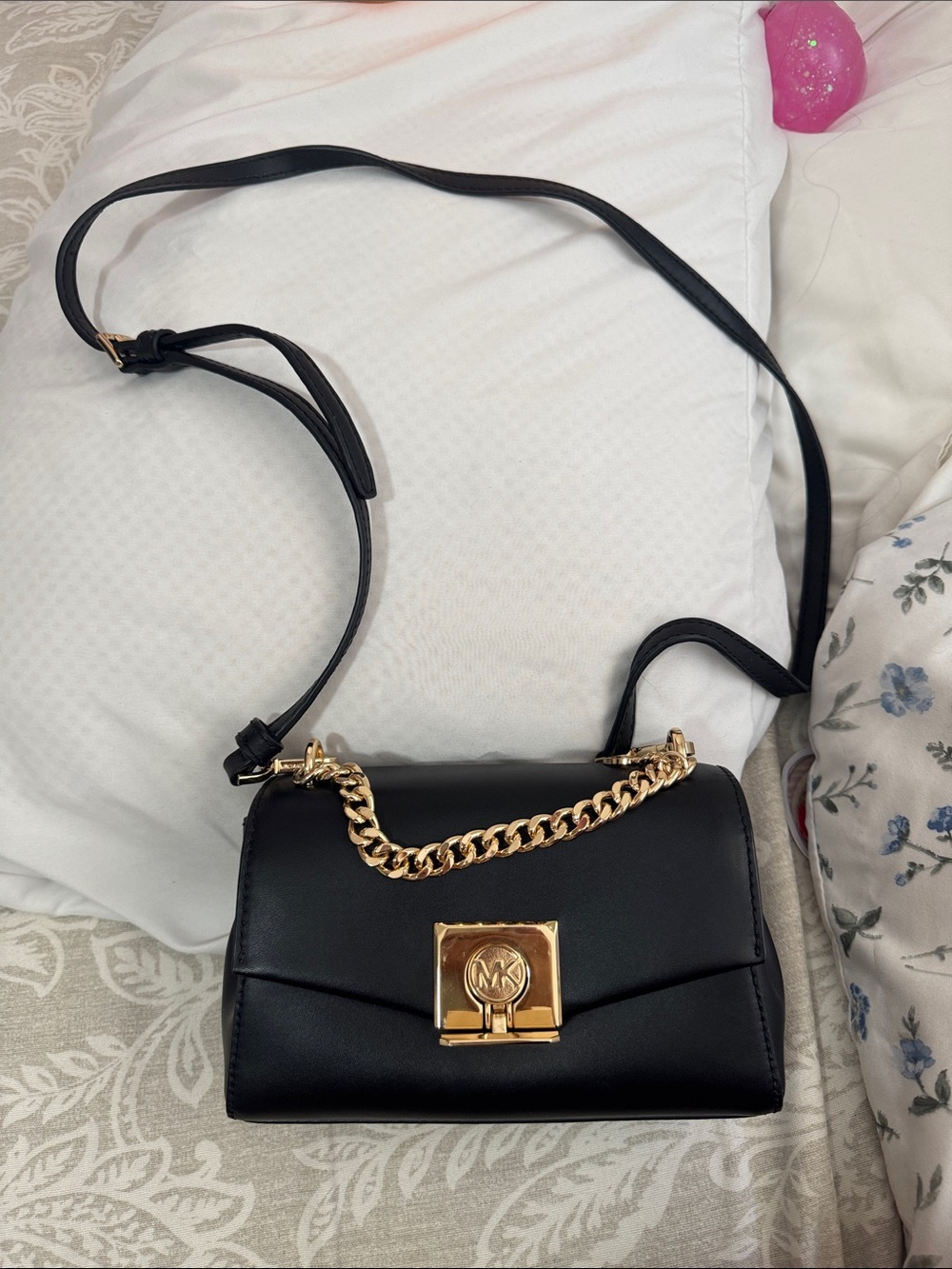 Michael Kors Black Leather Crossbody with Gold Chain